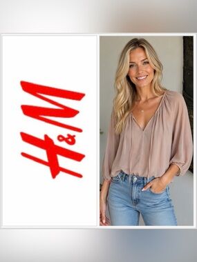 3/$30 H & M Sheer Pink Beige Loose Fit Peasant Blouse 3/4 L Sleeves Size 12